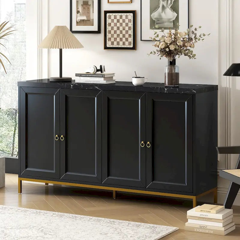 4-Door Sideboard Buffet Cabinet with Faux Marble Top Gold Ring Handles Adjustable Shelves and Metal Legs
