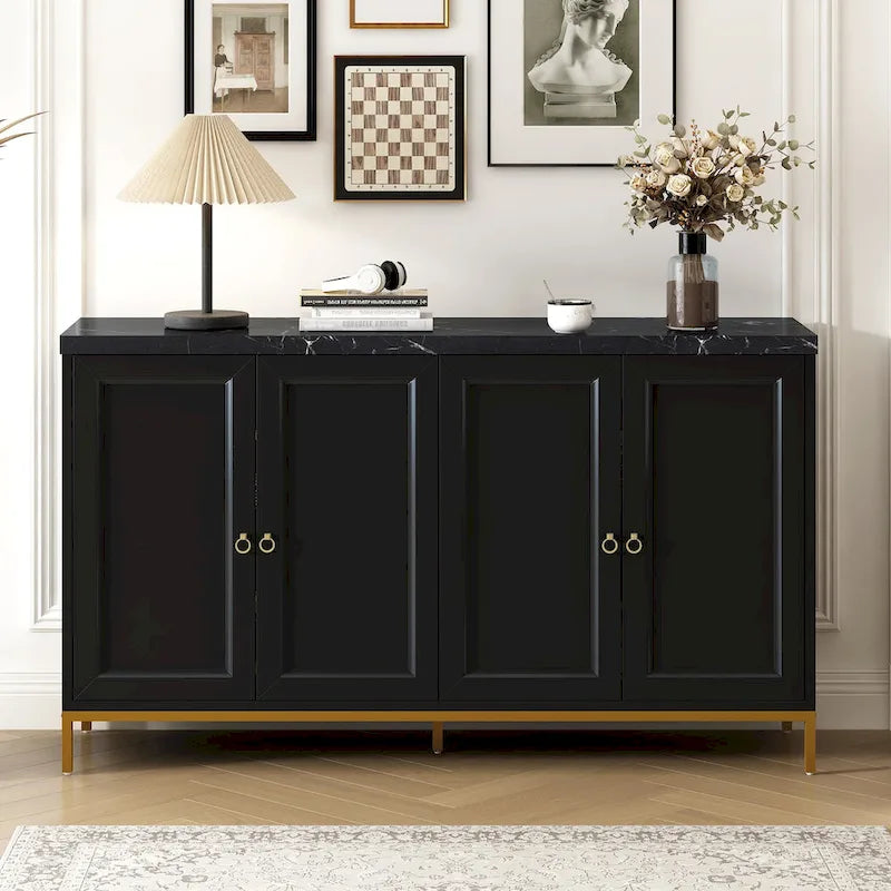 4-Door Sideboard Buffet Cabinet with Faux Marble Top Gold Ring Handles Adjustable Shelves and Metal Legs