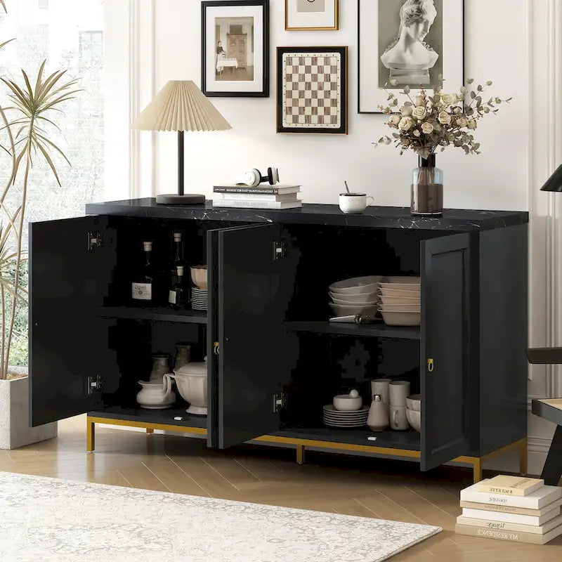4-Door Sideboard Buffet Cabinet with Faux Marble Top Gold Ring Handles Adjustable Shelves and Metal Legs
