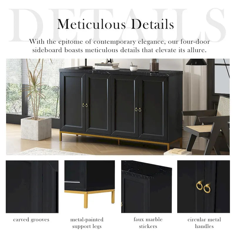 4-Door Sideboard Buffet Cabinet with Faux Marble Top Gold Ring Handles Adjustable Shelves and Metal Legs