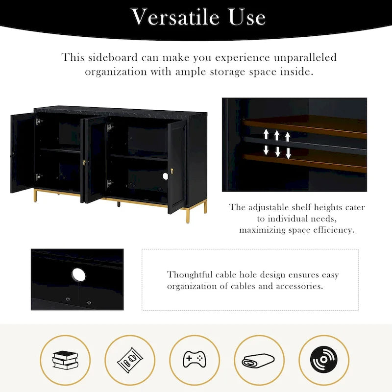 4-Door Sideboard Buffet Cabinet with Faux Marble Top Gold Ring Handles Adjustable Shelves and Metal Legs