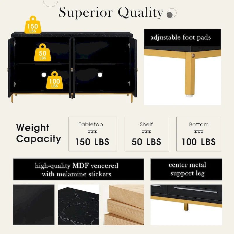 4-Door Sideboard Buffet Cabinet with Faux Marble Top Gold Ring Handles Adjustable Shelves and Metal Legs
