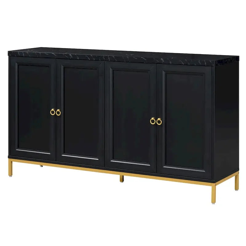 4-Door Sideboard Buffet Cabinet with Faux Marble Top Gold Ring Handles Adjustable Shelves and Metal Legs