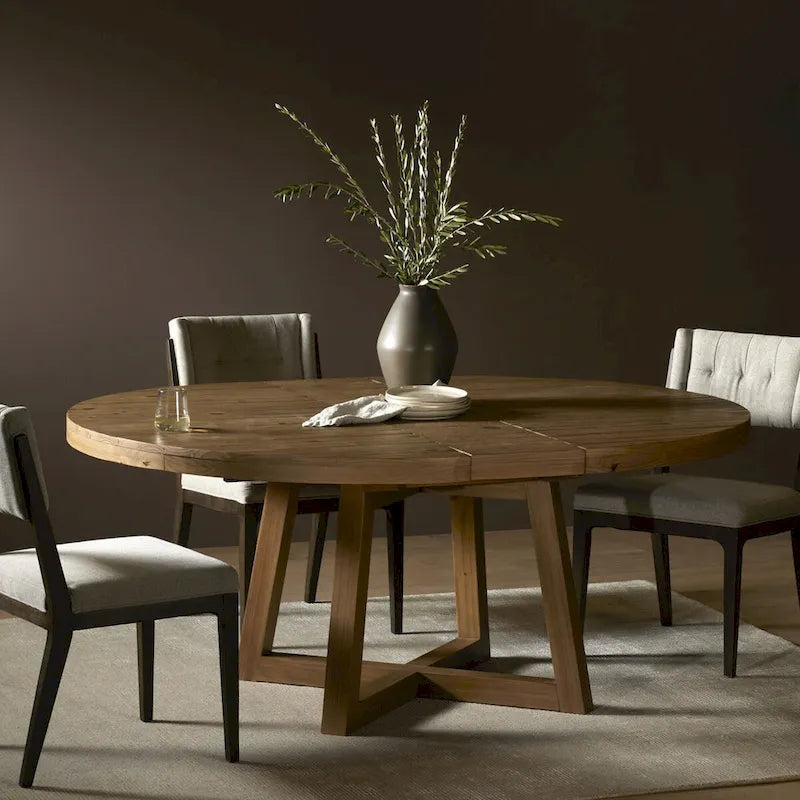 Round Wire-Brushed Oak Dining Table with Iron Hardware and Pedestal Base