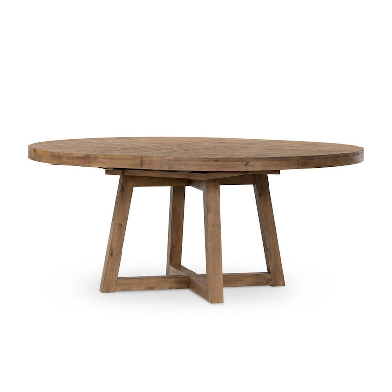 Round Wire-Brushed Oak Dining Table with Iron Hardware and Pedestal Base
