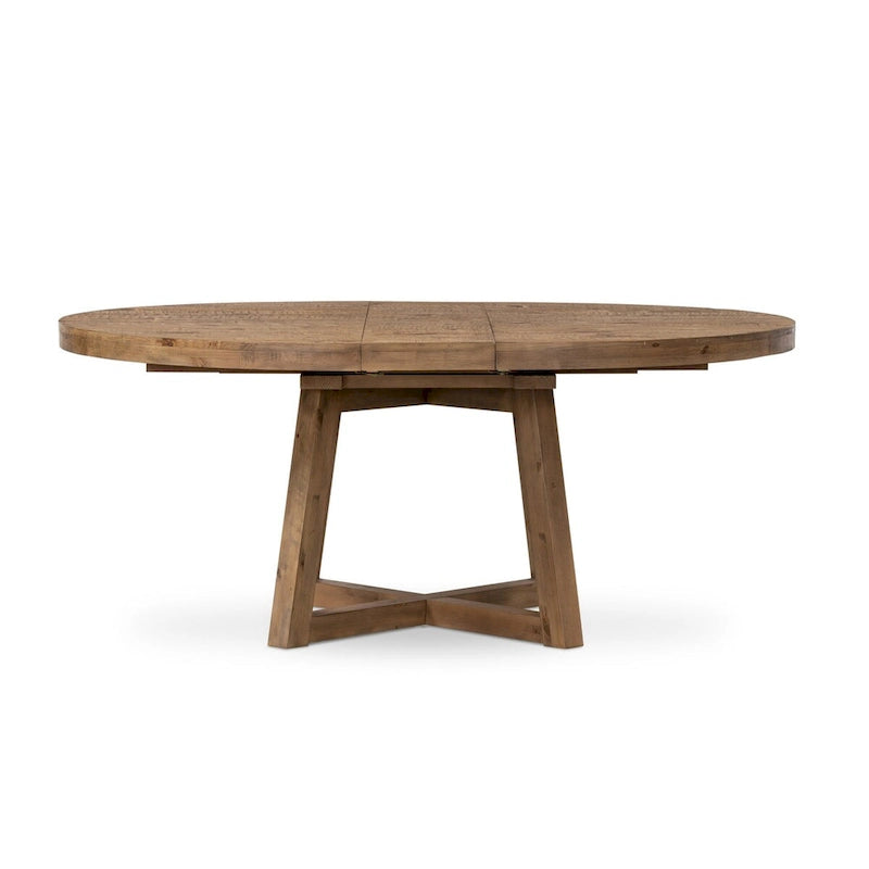 Round Wire-Brushed Oak Dining Table with Iron Hardware and Pedestal Base