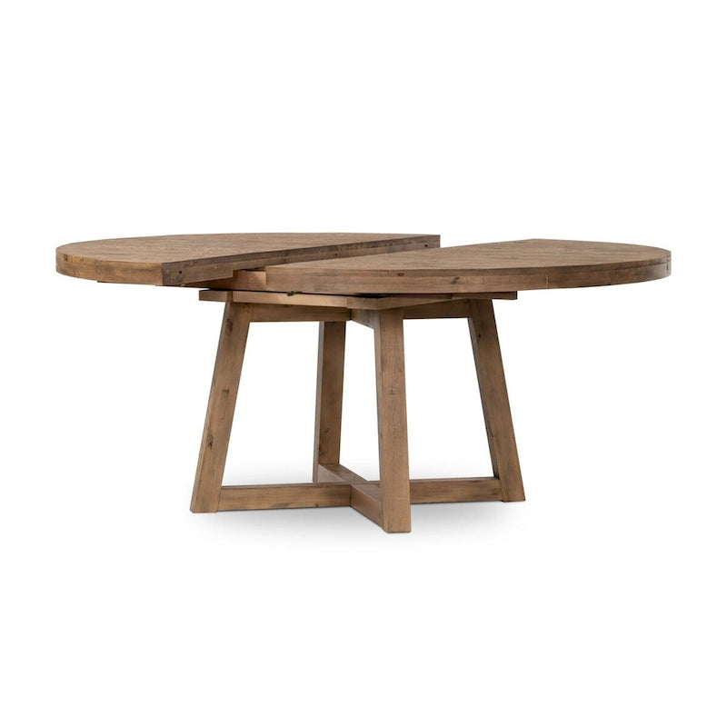 Round Wire-Brushed Oak Dining Table with Iron Hardware and Pedestal Base