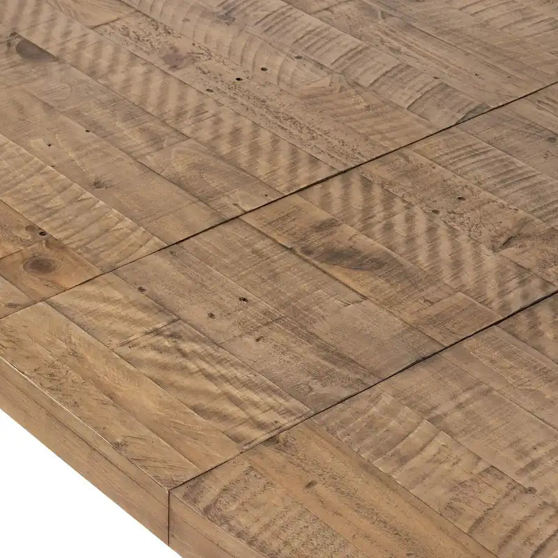 Round Wire-Brushed Oak Dining Table with Iron Hardware and Pedestal Base