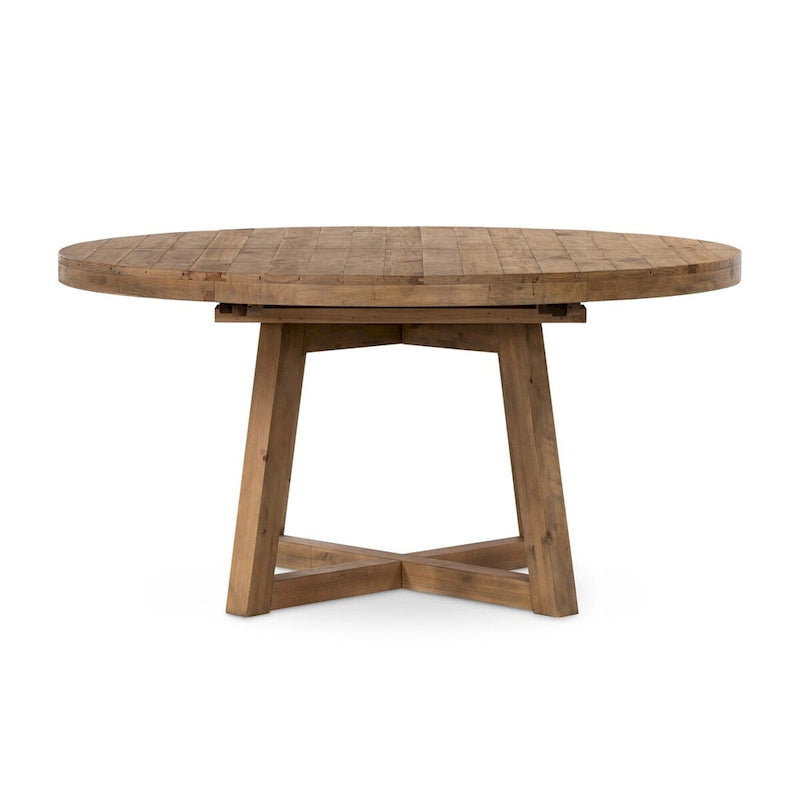 Round Wire-Brushed Oak Dining Table with Iron Hardware and Pedestal Base