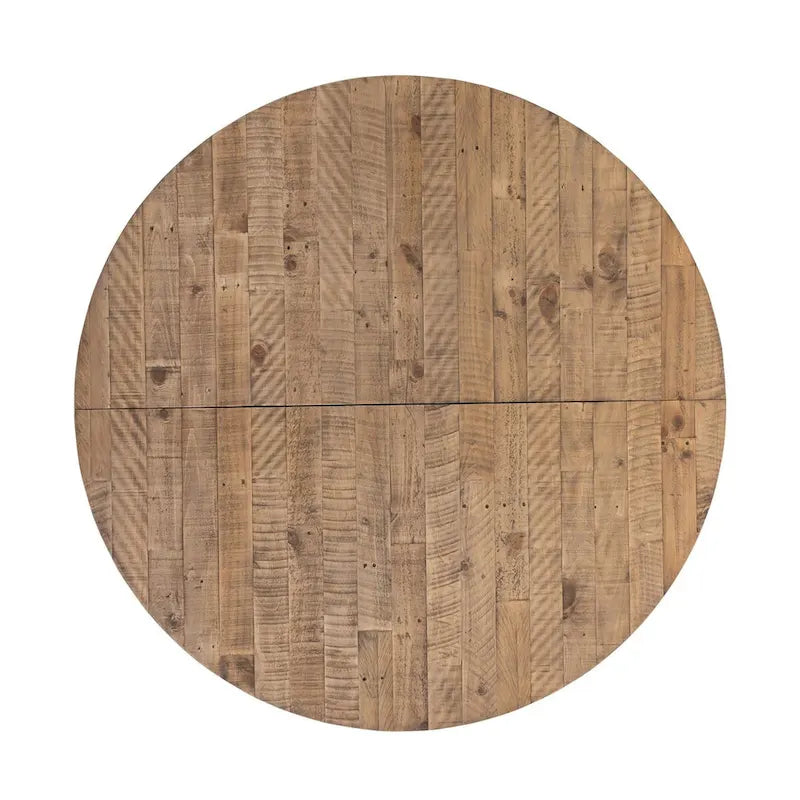 Round Wire-Brushed Oak Dining Table with Iron Hardware and Pedestal Base
