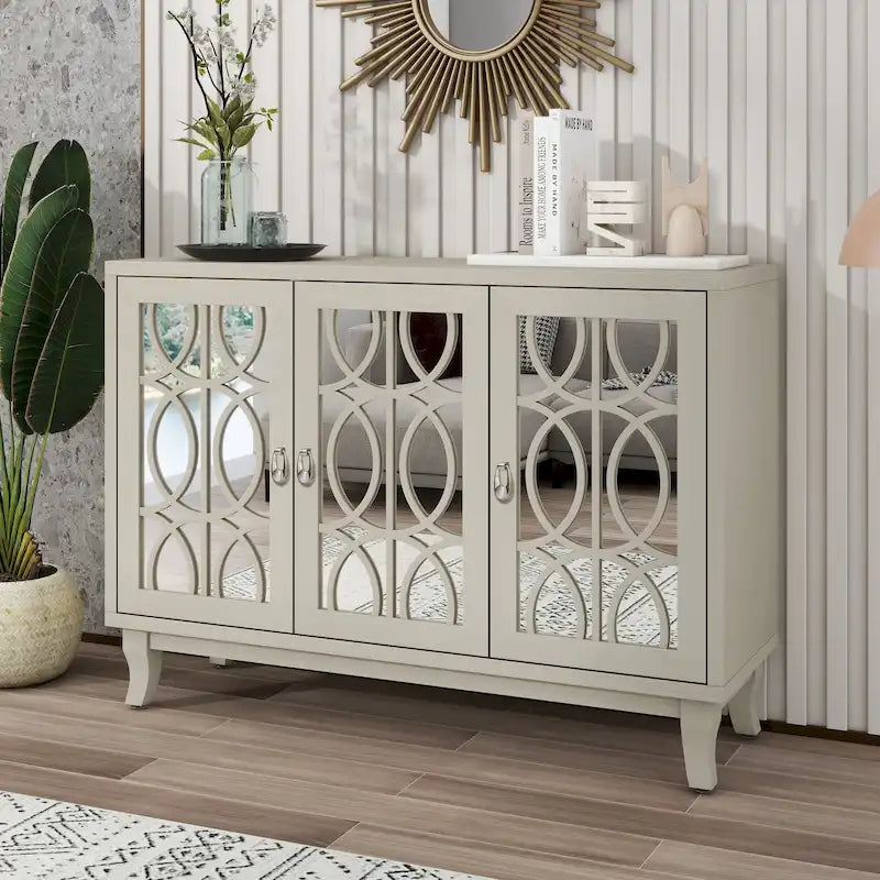 3-Door Mirrored Buffet Sideboard with Hollow Streamlined Doors and Adjustable Shelves