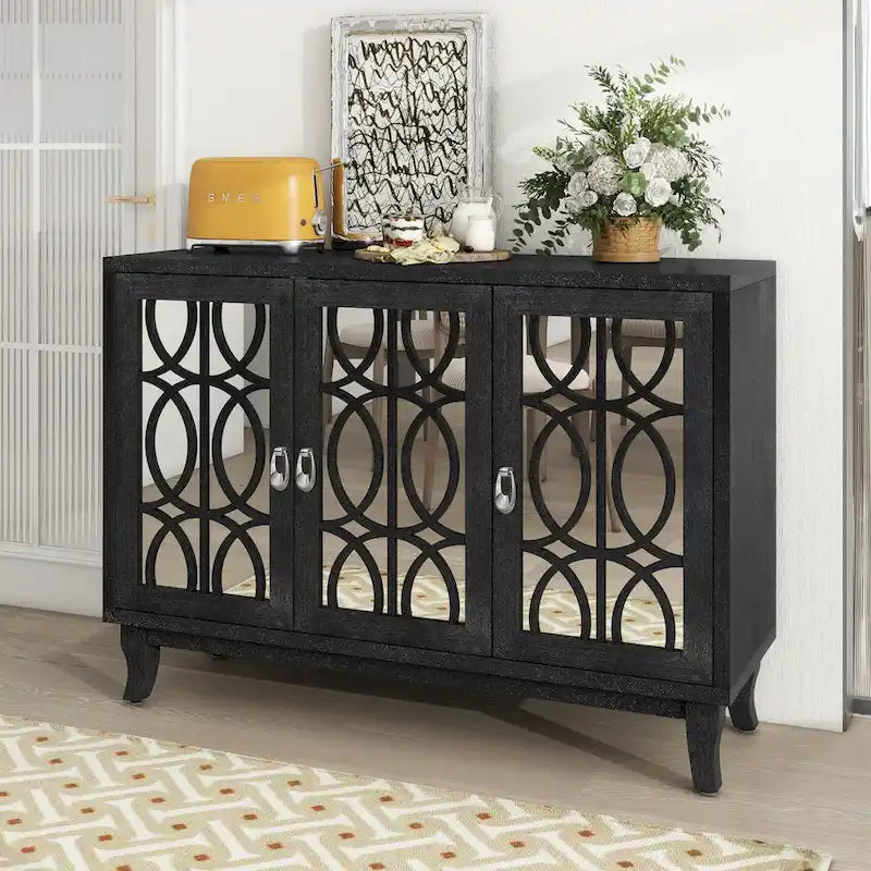 3-Door Mirrored Buffet Sideboard with Hollow Streamlined Doors and Adjustable Shelves