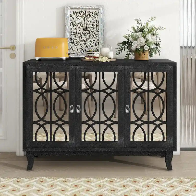 3-Door Mirrored Buffet Sideboard with Hollow Streamlined Doors and Adjustable Shelves