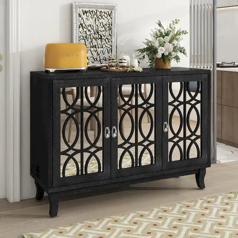 3-Door Mirrored Buffet Sideboard with Hollow Streamlined Doors and Adjustable Shelves