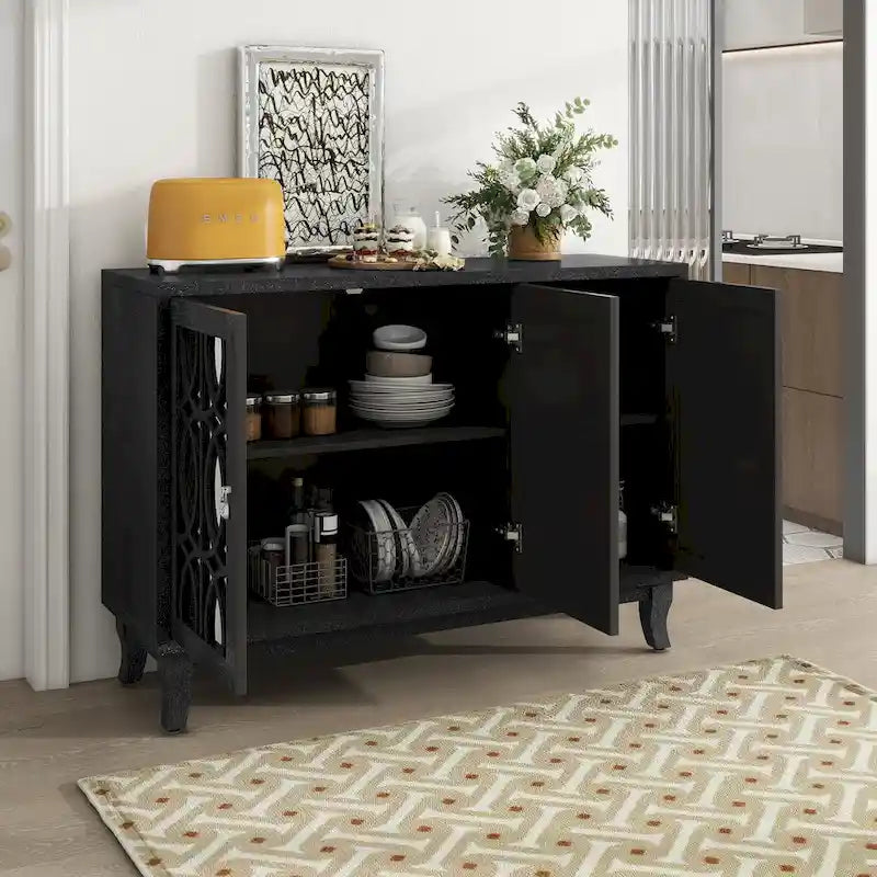3-Door Mirrored Buffet Sideboard with Hollow Streamlined Doors and Adjustable Shelves