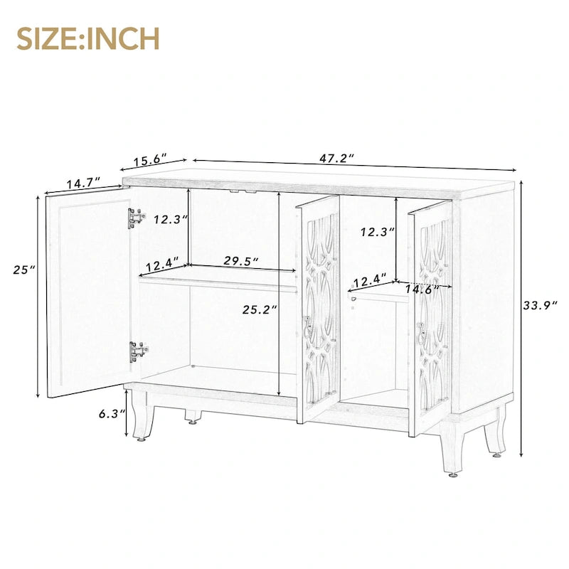 3-Door Mirrored Buffet Sideboard with Hollow Streamlined Doors and Adjustable Shelves