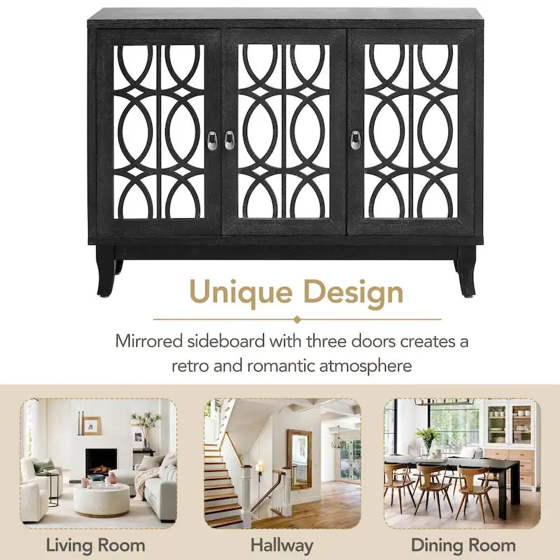 3-Door Mirrored Buffet Sideboard with Hollow Streamlined Doors and Adjustable Shelves