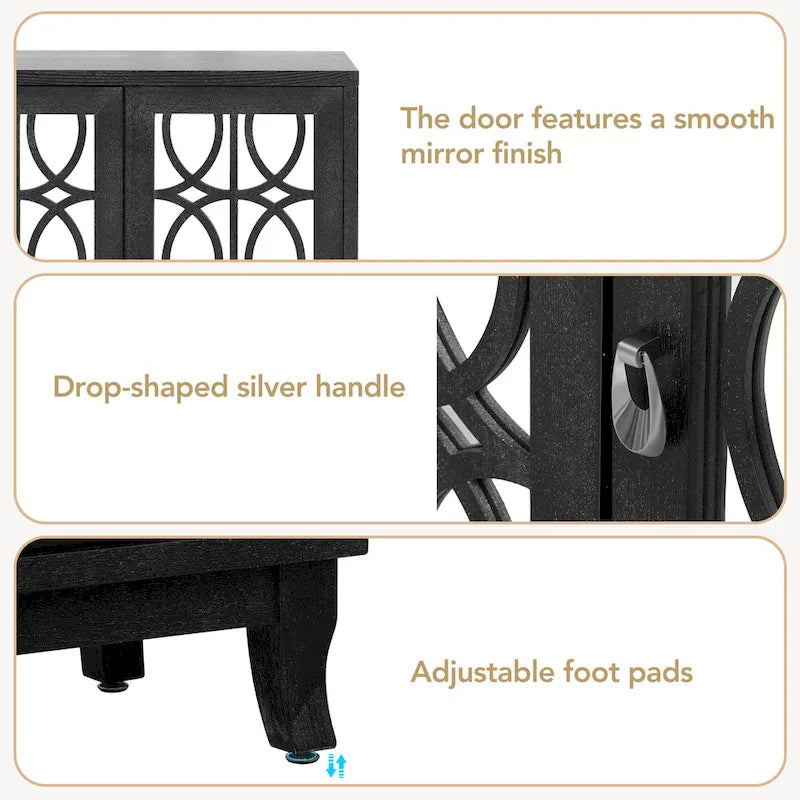 3-Door Mirrored Buffet Sideboard with Hollow Streamlined Doors and Adjustable Shelves