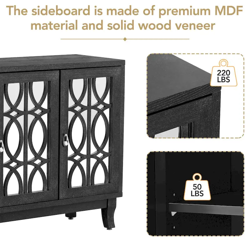 3-Door Mirrored Buffet Sideboard with Hollow Streamlined Doors and Adjustable Shelves