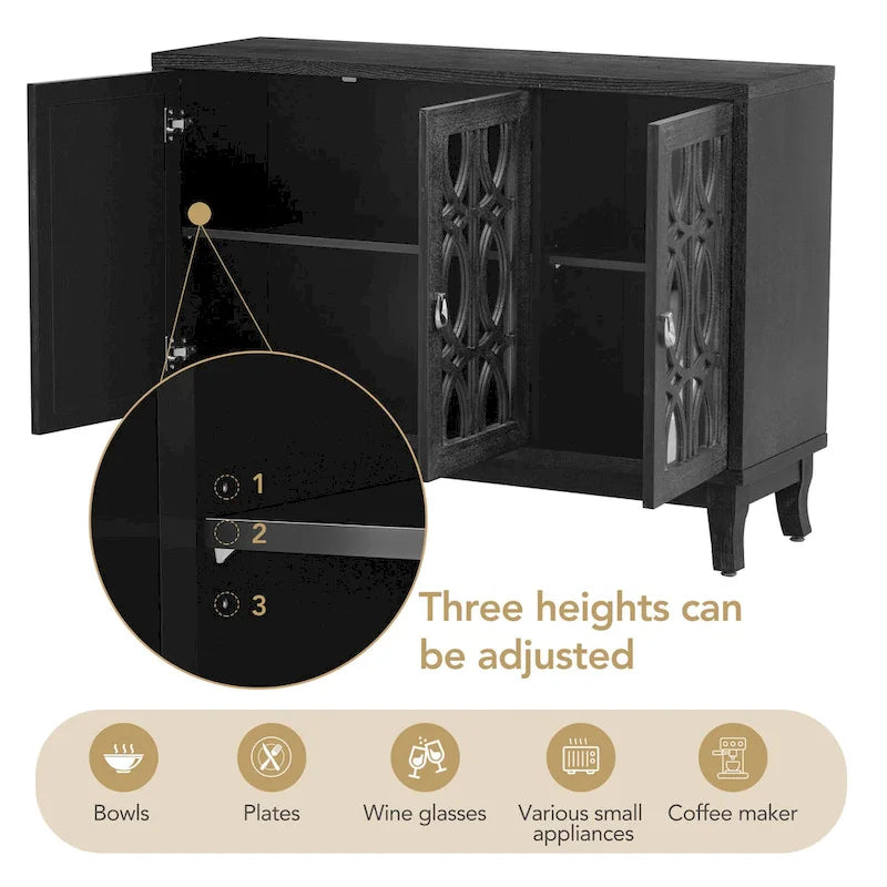 3-Door Mirrored Buffet Sideboard with Hollow Streamlined Doors and Adjustable Shelves