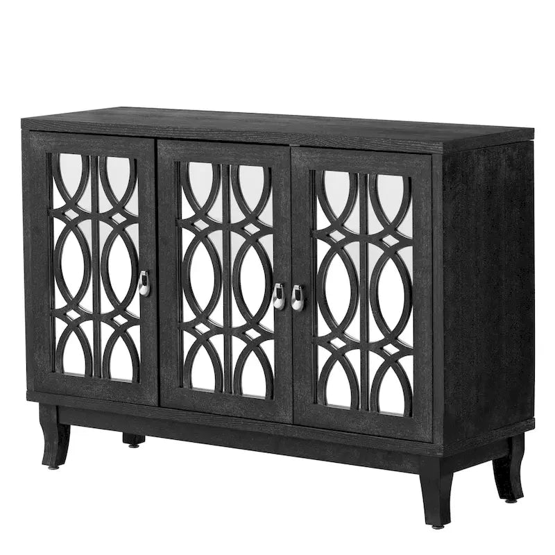 3-Door Mirrored Buffet Sideboard with Hollow Streamlined Doors and Adjustable Shelves