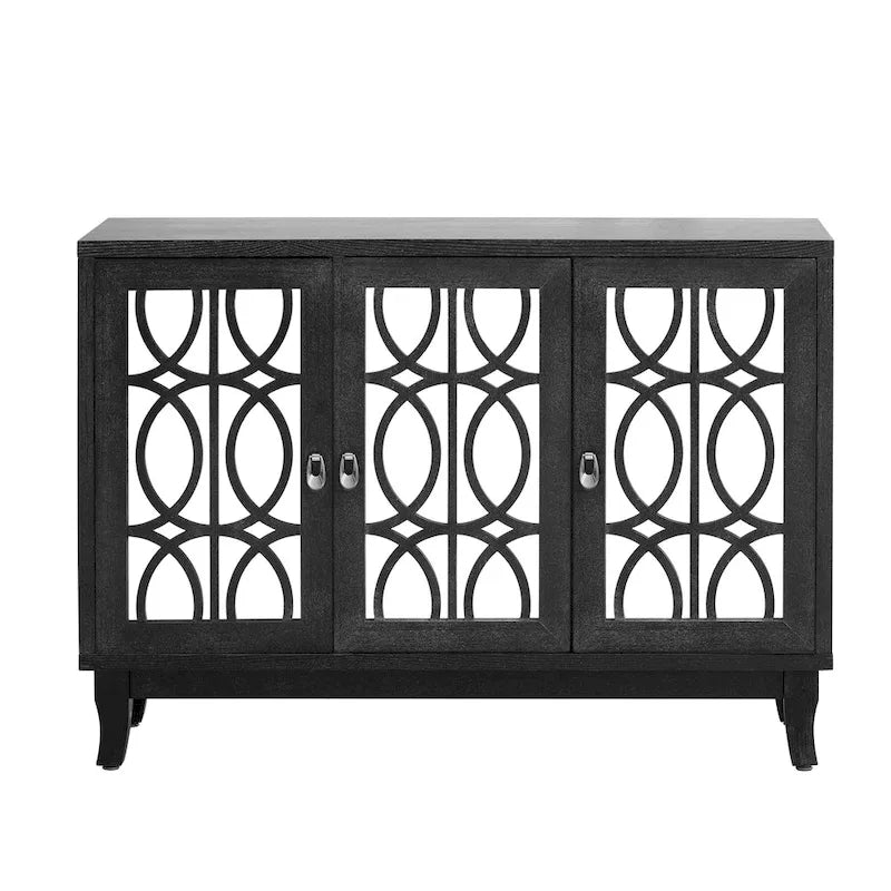 3-Door Mirrored Buffet Sideboard with Hollow Streamlined Doors and Adjustable Shelves