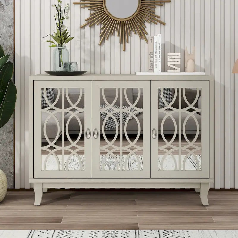 3-Door Mirrored Buffet Sideboard with Hollow Streamlined Doors and Adjustable Shelves
