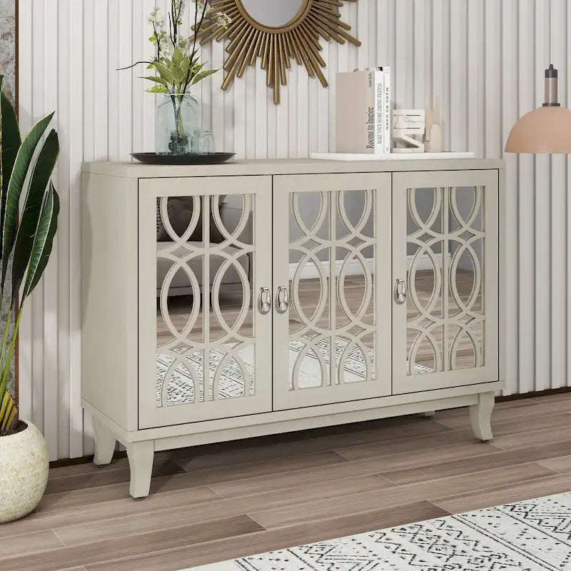 3-Door Mirrored Buffet Sideboard with Hollow Streamlined Doors and Adjustable Shelves