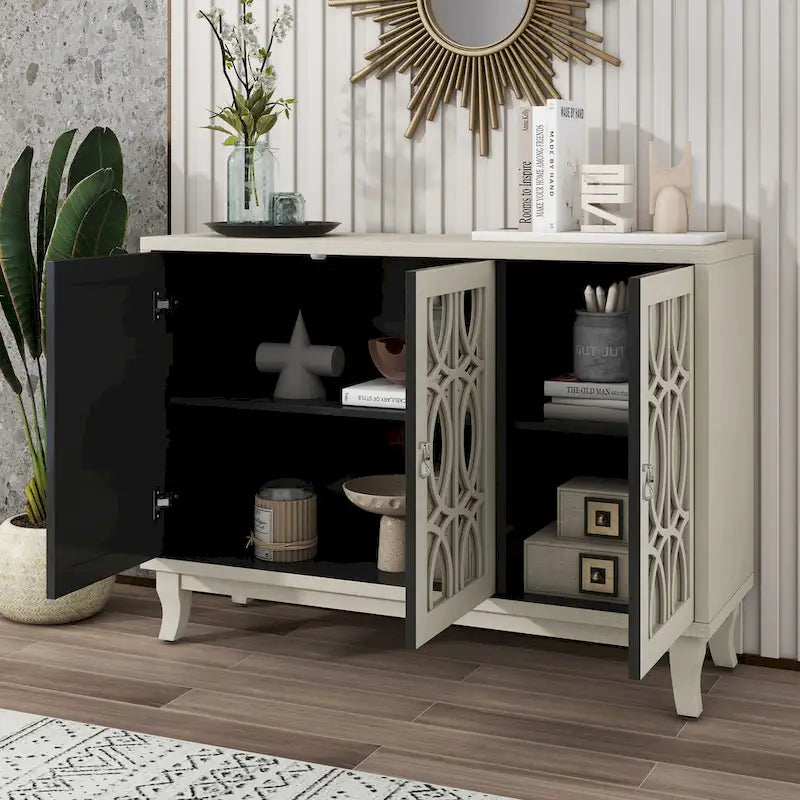 3-Door Mirrored Buffet Sideboard with Hollow Streamlined Doors and Adjustable Shelves