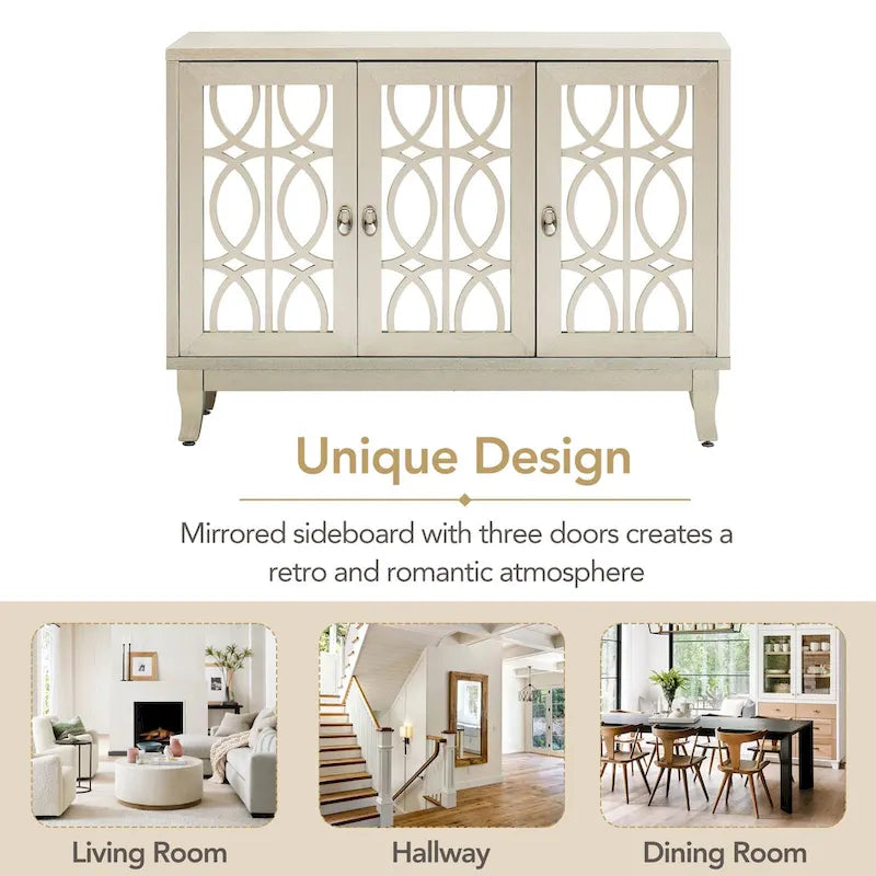 3-Door Mirrored Buffet Sideboard with Hollow Streamlined Doors and Adjustable Shelves