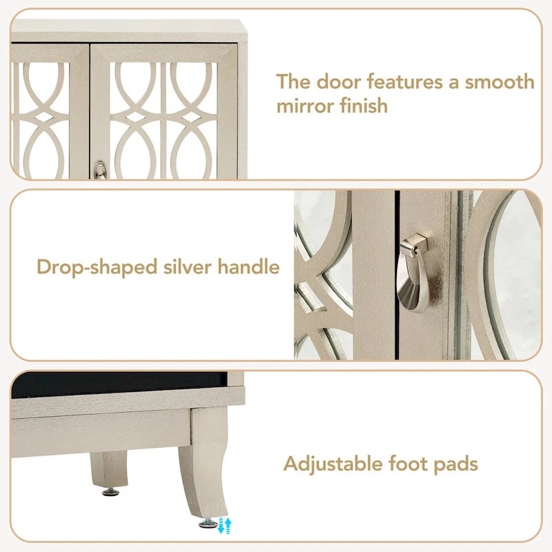 3-Door Mirrored Buffet Sideboard with Hollow Streamlined Doors and Adjustable Shelves