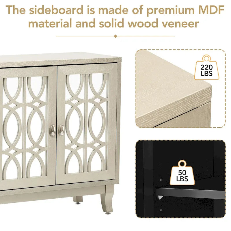 3-Door Mirrored Buffet Sideboard with Hollow Streamlined Doors and Adjustable Shelves