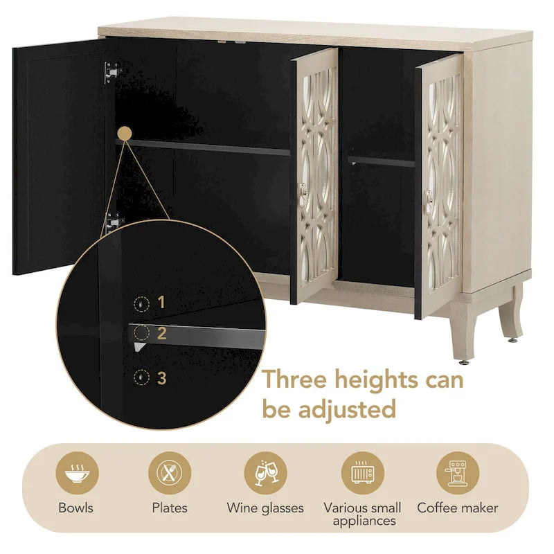 3-Door Mirrored Buffet Sideboard with Hollow Streamlined Doors and Adjustable Shelves