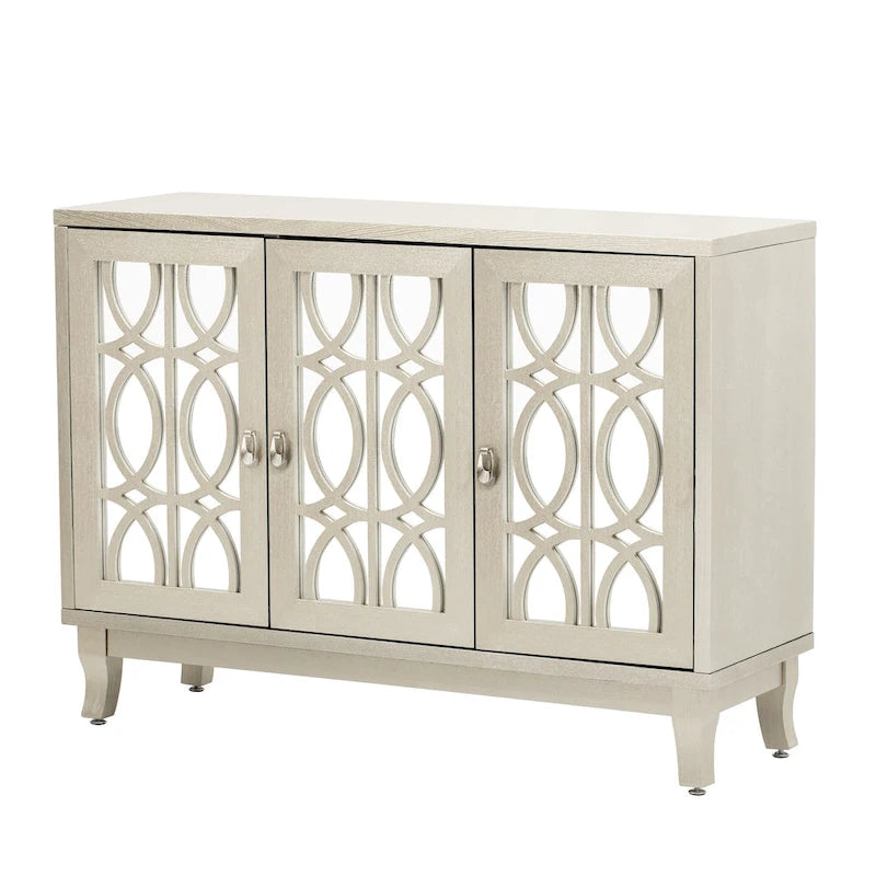 3-Door Mirrored Buffet Sideboard with Hollow Streamlined Doors and Adjustable Shelves