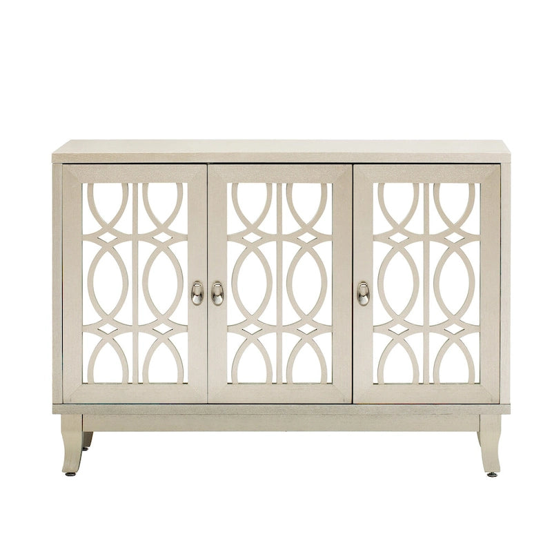 3-Door Mirrored Buffet Sideboard with Hollow Streamlined Doors and Adjustable Shelves