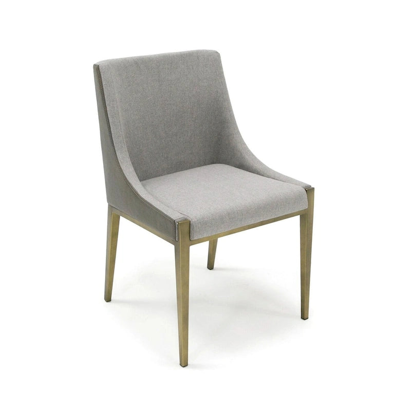 Upholstered Dining Chair with Sloped Arms in Gray Fabric and Faux Leather with Brass Tapered Legs