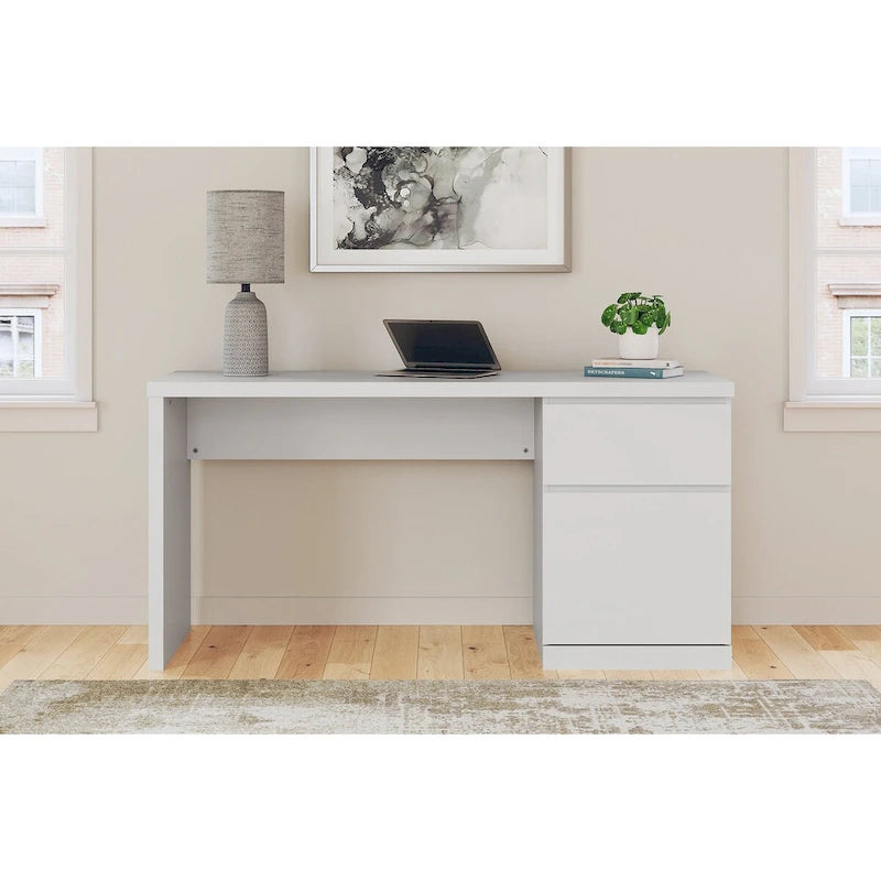 61-Inch White Home Office Desk with Drawer and Storage Cabinet No Hardware Design