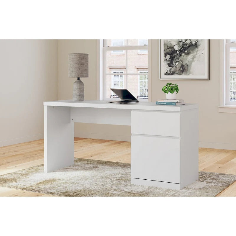 61-Inch White Home Office Desk with Drawer and Storage Cabinet No Hardware Design