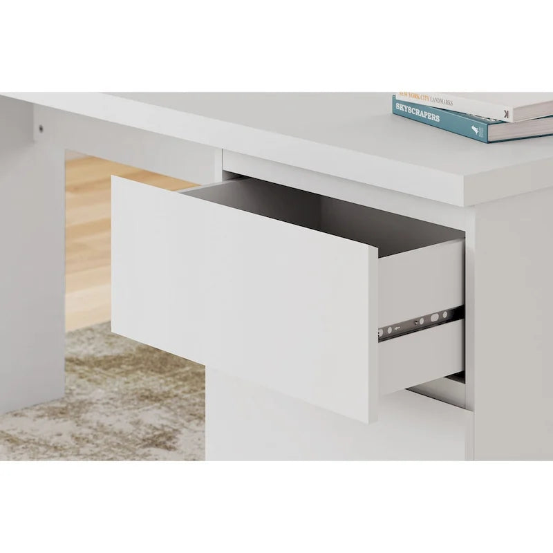 61-Inch White Home Office Desk with Drawer and Storage Cabinet No Hardware Design