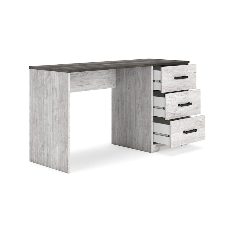 54-Inch Home Office Desk Two-Tone Whitewash and Gray Oak with 3 Drawers and Pewter Pulls