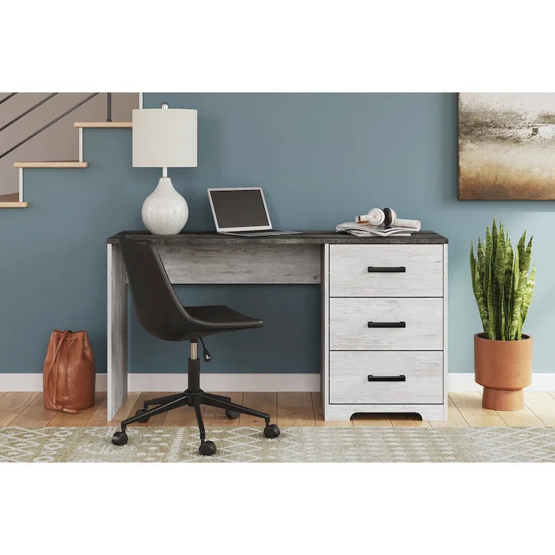 54-Inch Home Office Desk Two-Tone Whitewash and Gray Oak with 3 Drawers and Pewter Pulls