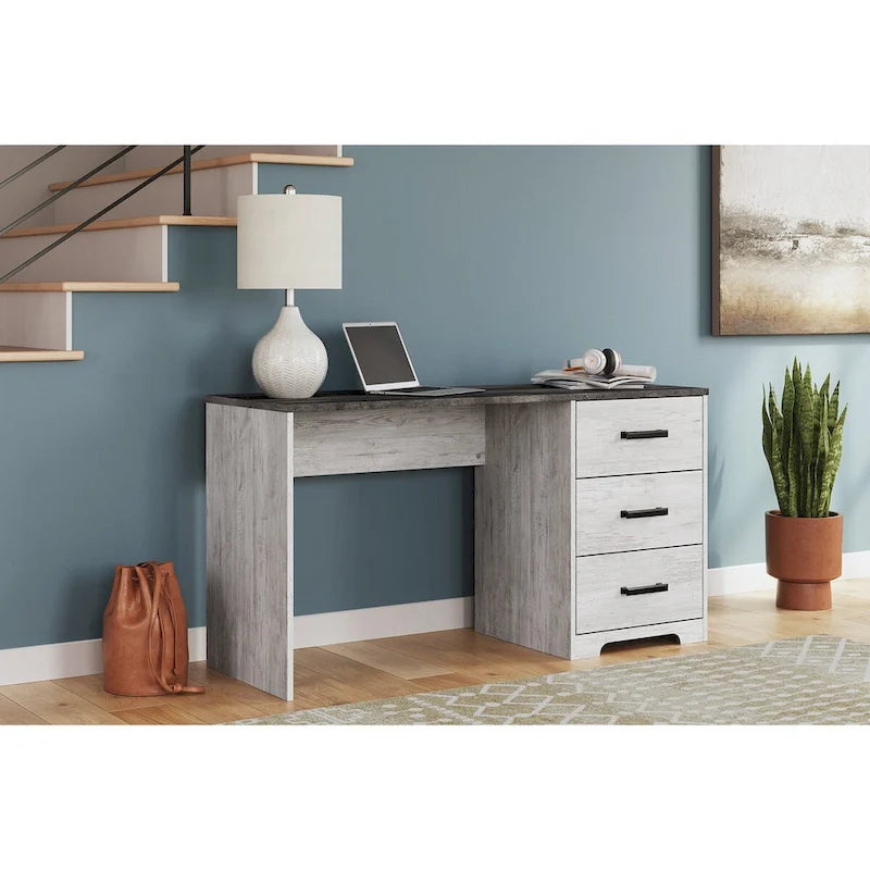 54-Inch Home Office Desk Two-Tone Whitewash and Gray Oak with 3 Drawers and Pewter Pulls