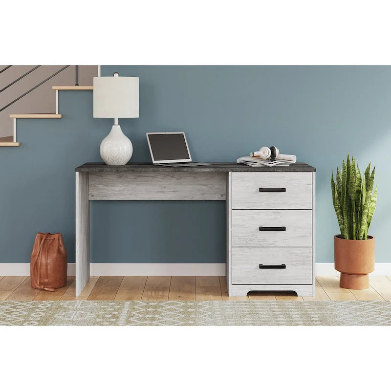 54-Inch Home Office Desk Two-Tone Whitewash and Gray Oak with 3 Drawers and Pewter Pulls