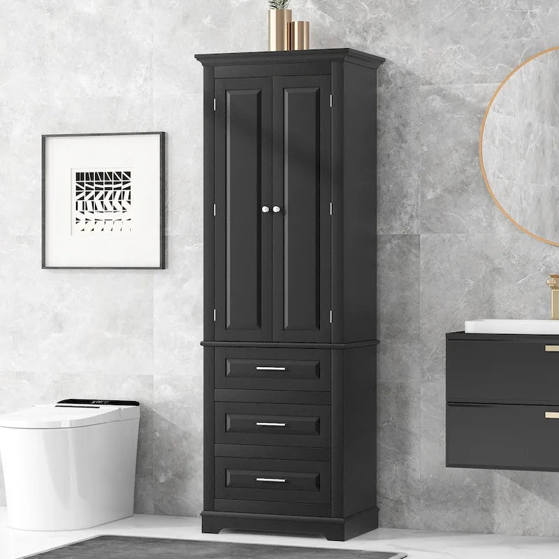 Tall Storage Cabinet with 2 Doors and 3 Drawers Adjustable Shelf MDF