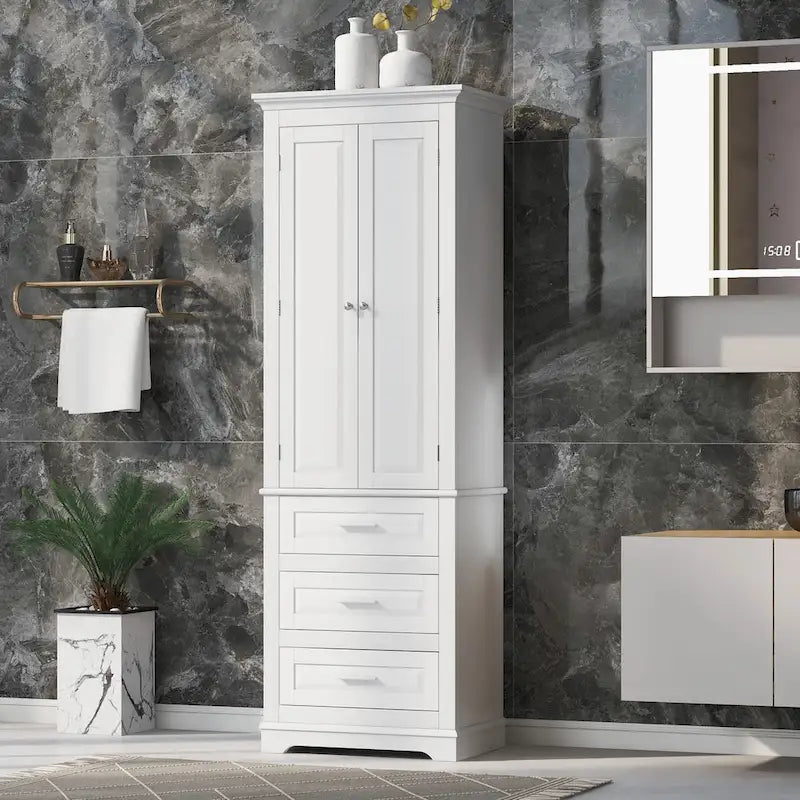 Tall Storage Cabinet with 2 Doors and 3 Drawers Adjustable Shelf MDF