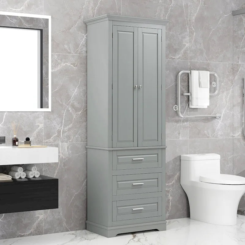 Tall Storage Cabinet with 2 Doors and 3 Drawers Adjustable Shelf MDF
