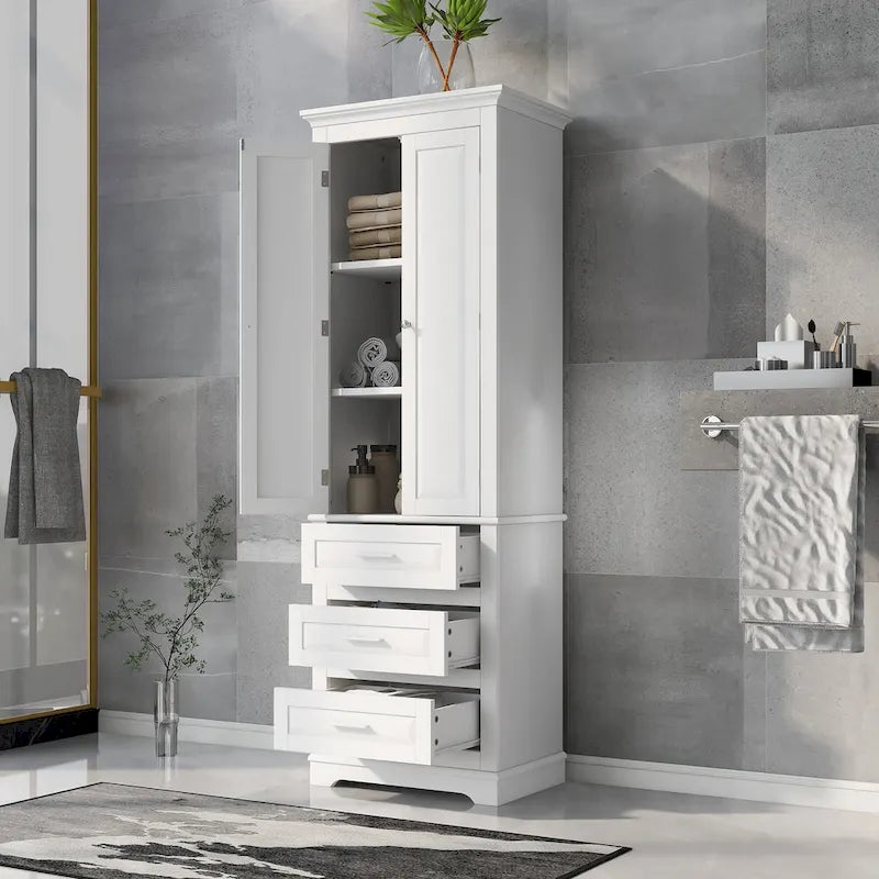 Tall Storage Cabinet with 2 Doors and 3 Drawers Adjustable Shelf MDF