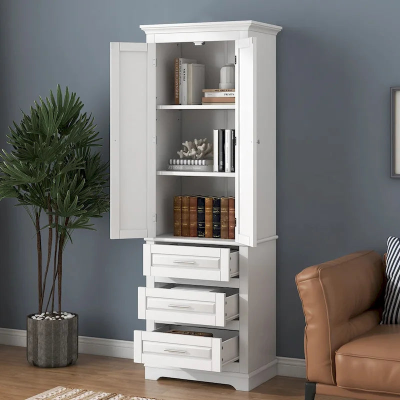 Tall Storage Cabinet with 2 Doors and 3 Drawers Adjustable Shelf MDF