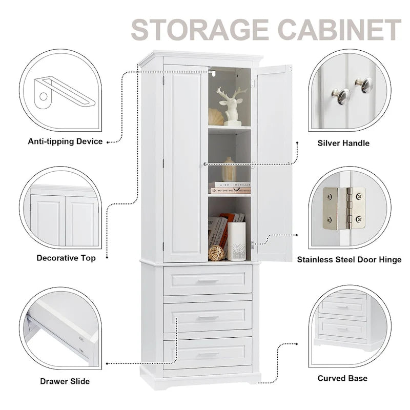 Tall Storage Cabinet with 2 Doors and 3 Drawers Adjustable Shelf MDF