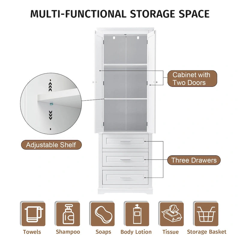 Tall Storage Cabinet with 2 Doors and 3 Drawers Adjustable Shelf MDF